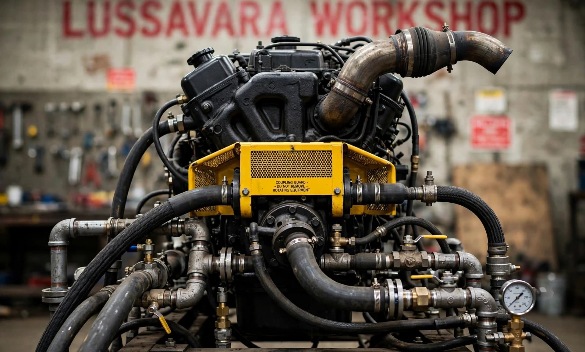 Diesel fire pump engine, coupling guard fitted